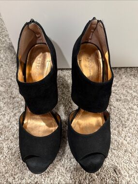 BCBGeneration Black Suede Open-Toe Ankle Strap Heels